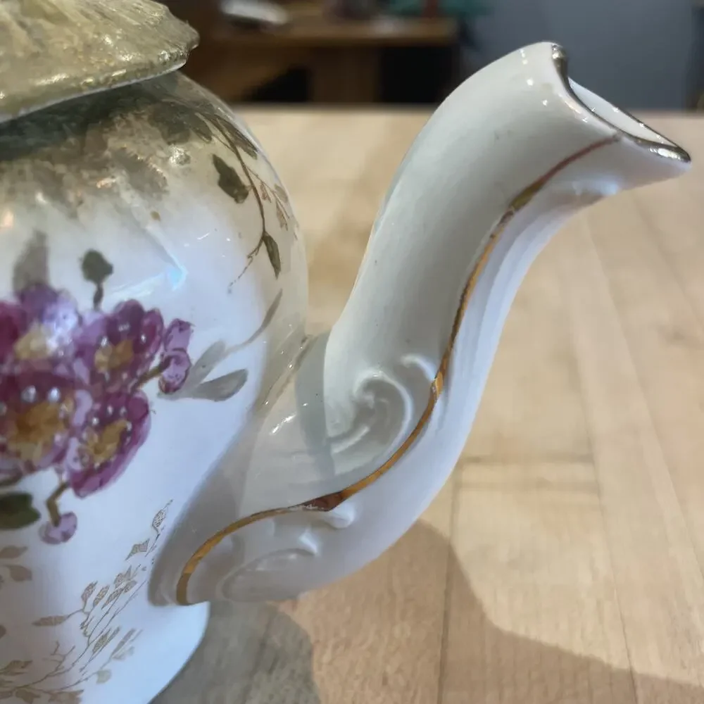 Antique Hand Painted Gold Inlay Blue Pink Floral Royal Porcelain Teapot Stamped